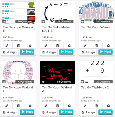 Some of the te reo Māori Blooket quizzes I’ve created.